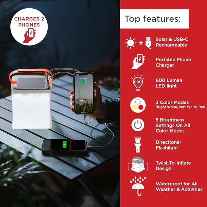 LuminAID Survivor Solar Lantern with Dual Phone Charger - Inflatable LED Lamp for Camping, Hiking