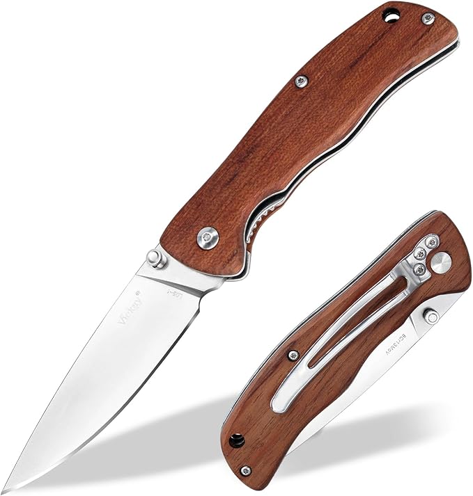 Vickay Pocket Knife for Men, Folding Knife with Clip, 3.74" 8Cr13MoV Steel Blade, Wood Handle EDC