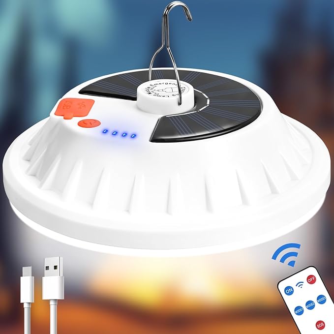 Solar Camping Light with Remote 6000LM, Rechargeable Hanging Light Portable LED for Home, Tent