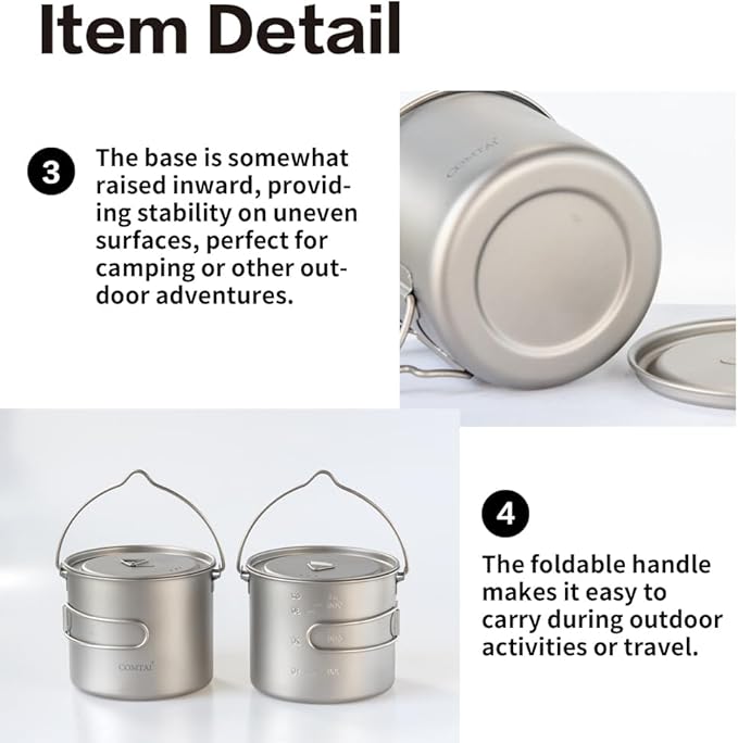 1100ml Titanium Camping Pot with Lid & Bail Handle, Lightweight Backpacking Cookware for Outdoor