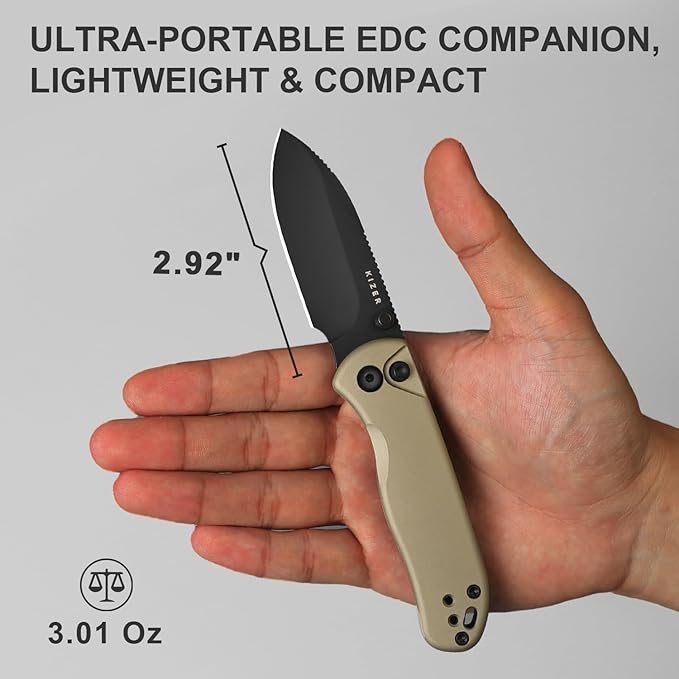 Kizer Drop Bear 2 Pocket Knife, 2.92" Nitro-V Drop Point Blade Folding Knife with Tan Aluminum