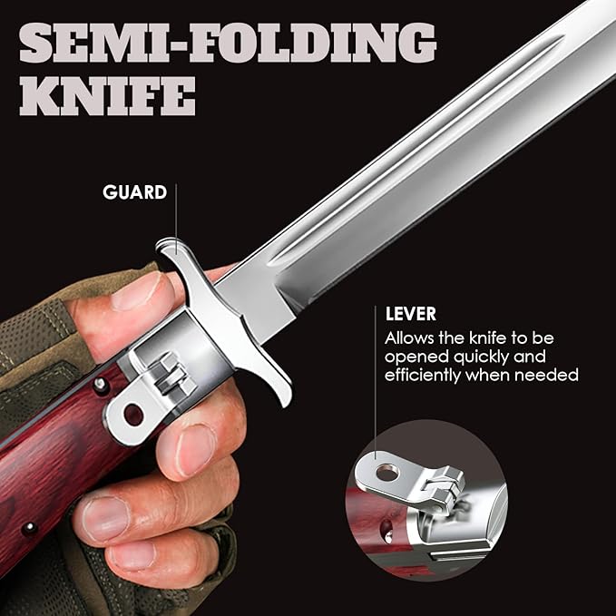 Grand Way 12.2" Retro Folding Knife with Wood Handle & Leather Sheath - 7.8" Long Foldable Sharp