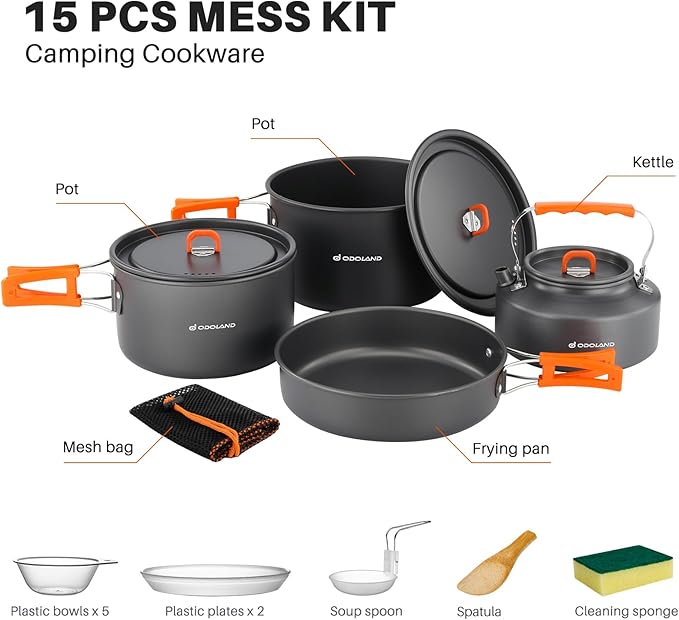 Odoland 15pcs Camping Cookware Non-Stick Lightweight Camping Pots and Pans Set with Kettle Plastic