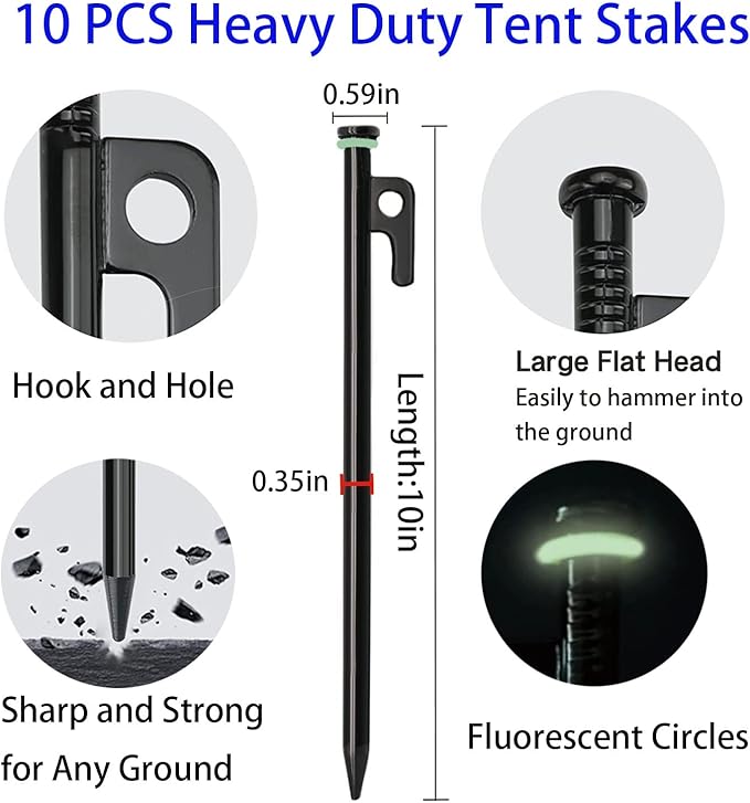 10 Pcs Heavy Duty Tent Stakes and Camping Hammer Set,10in Metal Tent Stake for Lawn,Ground and