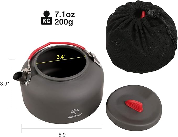 REDCAMP 1.4L Medium Outdoor Camping Kettle, Aluminum Water Pot with Carrying Bag, Compact