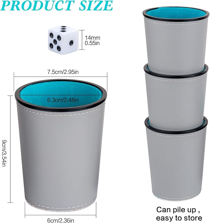 Felt-Lined PU Leather Dice Cup Set, 6 Quiet Dice Shaker Cups with 36 Dices for Bar Party Yahtzee