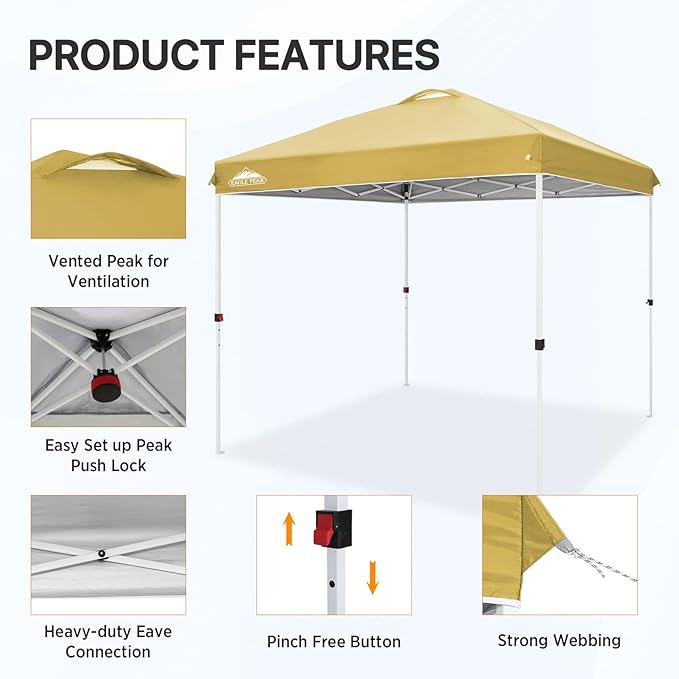 EAGLE PEAK Pop Up Canopy Tent with Wheeled Carry Bag, 8 Stakes, 4 Ropes, Easy Set Up Tent Canopy