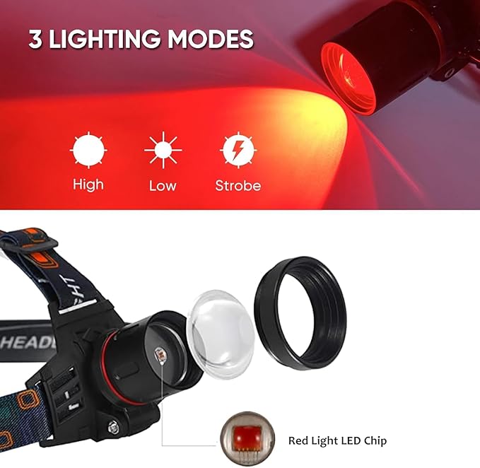 XLENTGEN Red Light Hunting Headlamp Rechargeable Red LED Headlamps 3 Modes Super Bright Red
