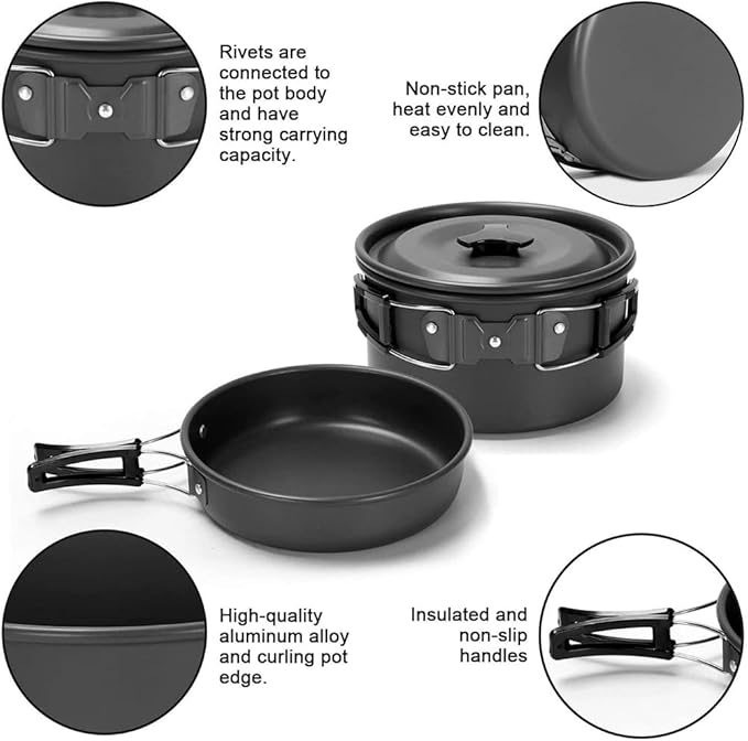 aiGear 3pcs Camping Cookware Mess Kit, Non-Stick Camping Pan Pot Kettle, Lightweight Aluminum