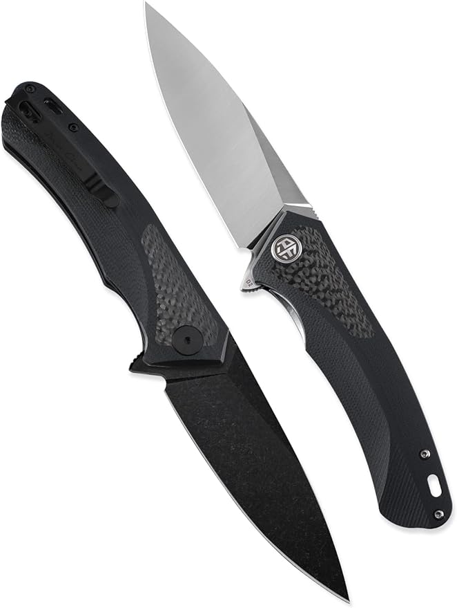 Petrified fish PF838,3.74" Black Stonewashed D2 Blade,166.6g Carbon fiber & G10 Handle Flipper