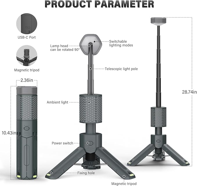 Telescopic Camping Light - 10500mAh Rechargeable Camping Lantern with Storage Bag, Dimmable