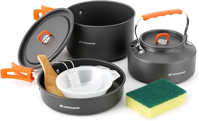 Odoland 10pcs Camping Cookware Camping Pots and Pans Set with Kettle Plastic Bowls and Soup Spoon