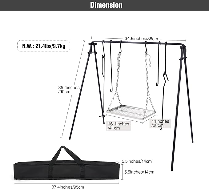 Lineslife Grill Swing Campfire Cooking Stand with Adjusatble Stainless Steel Grill Grate