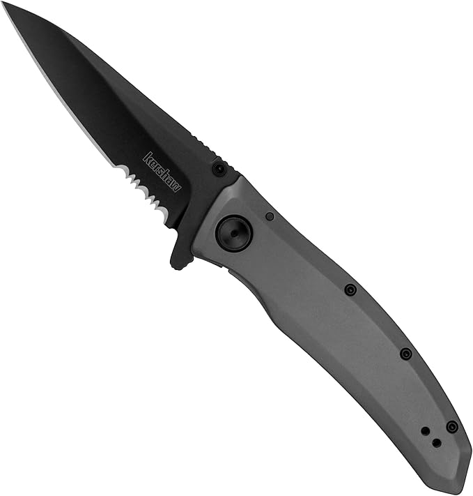 Kershaw Grid Folding Pocket Knife, 3.7 inch Black Serrated Blade, Steel Handle, Pocketclip &