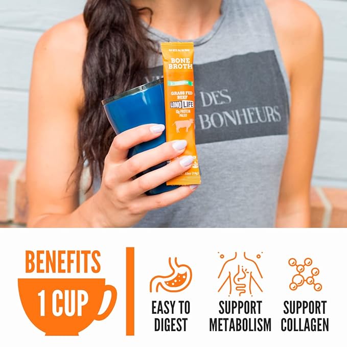 LonoLife Low Sodium Beef Bone Broth Powder Mix | Grass-Fed, 10g Protein | Collagen-Rich, Keto &