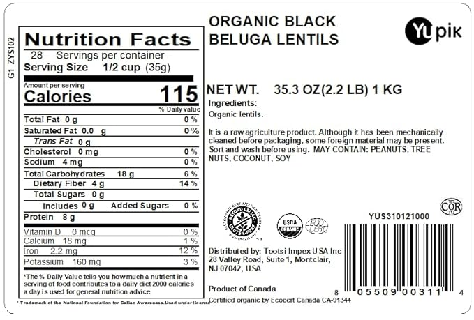 Yupik Organic Black Beluga Lentils, 2.2 lb (35.3 oz), Non-GMO, Vegan, Gluten-Free, Kosher, Raw