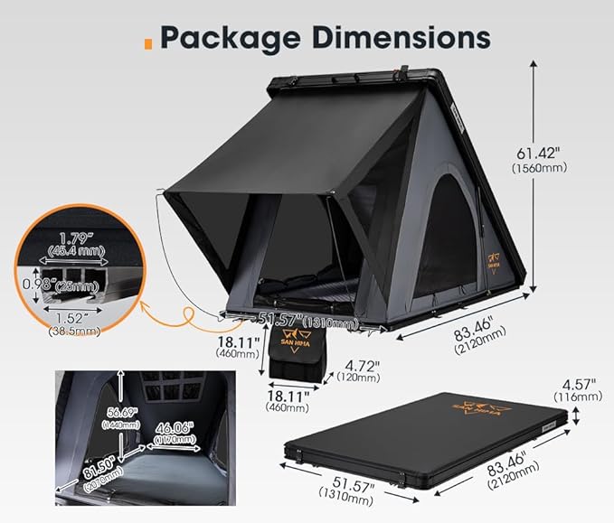 Sanhima Rooftop Tent Hard Shell - Hotham Lite Overland Aluminium Roof Top Tent 4.56" Slimline