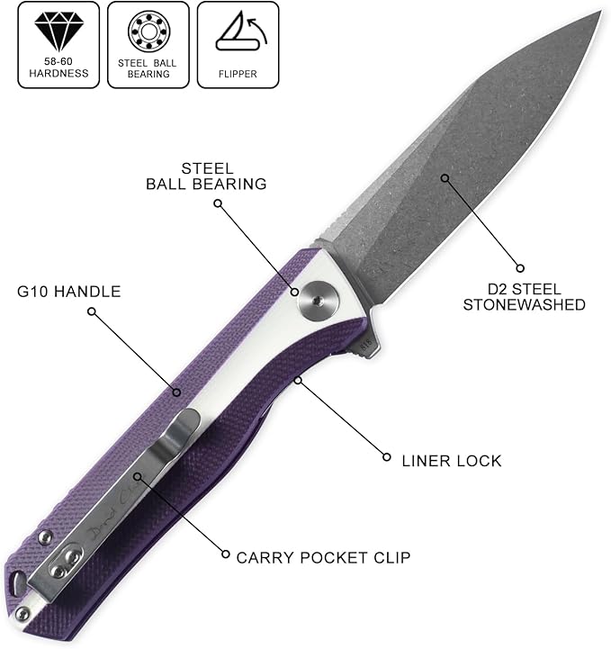 Petrified fish PF818,3.54" D2 Blade,104g G10 Handle Flipper Folding knife (Stonewash, White and