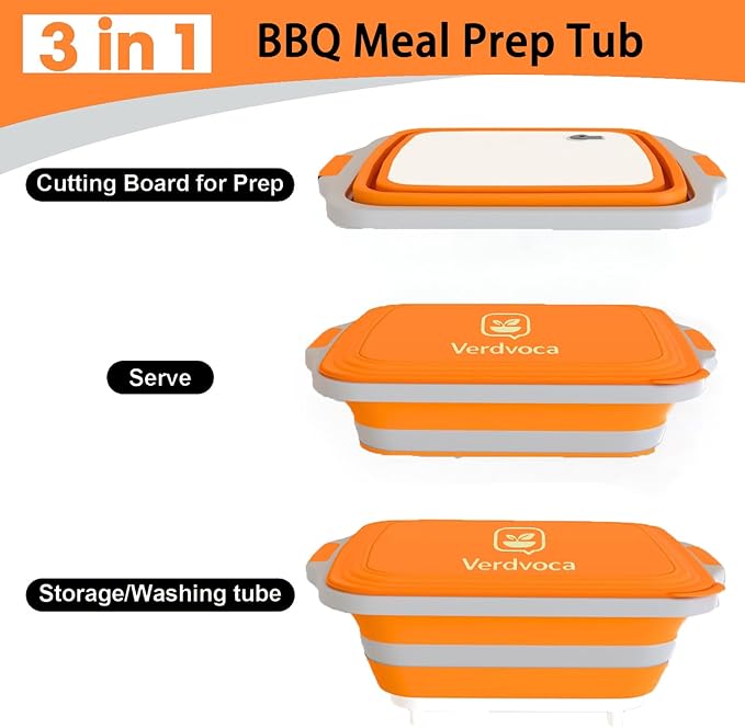 Collapsible BBQ Prep Tubs with Lids, Grill Cutting Board, Camping Sink with Drainage Hole for Meal