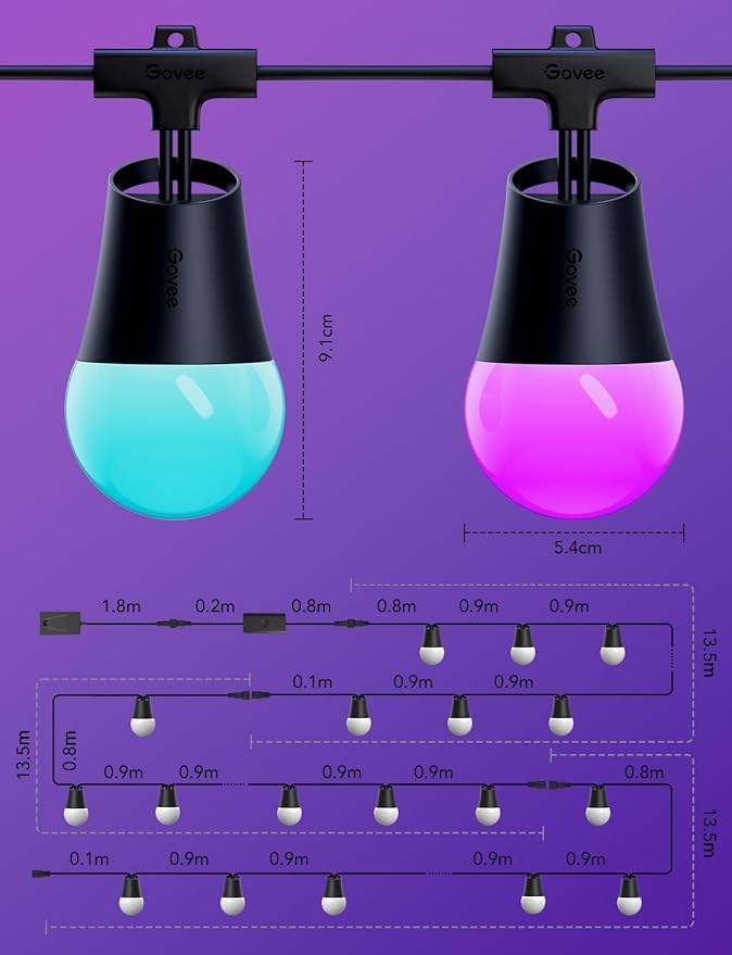 Govee Smart Outdoor String Lights 2, 144ft Outdoor Lights with Dimmable Warm White LED Bulbs, 47