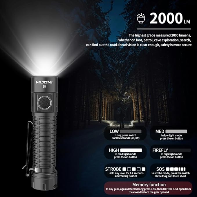 E8 Compact Size Rechargeable Flashlight, 2000 Lumen with 6 Modes, Waterproof and Drop Resistant for