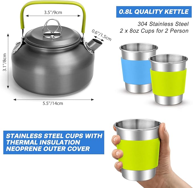 Odoland 15pcs Camping Cookware Mess Kit, Non-Stick Lightweight Pot Pan Kettle Set with Stainless