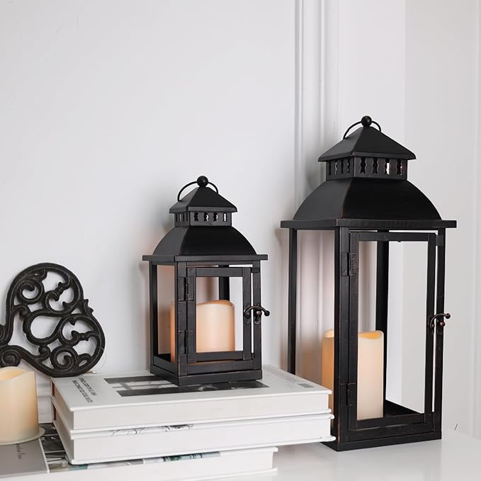 DECORKEY LED Lanterns Decorative Outdoor&Indoor, Set of 2 (17’’&11’’) Large Black Metal Lantern
