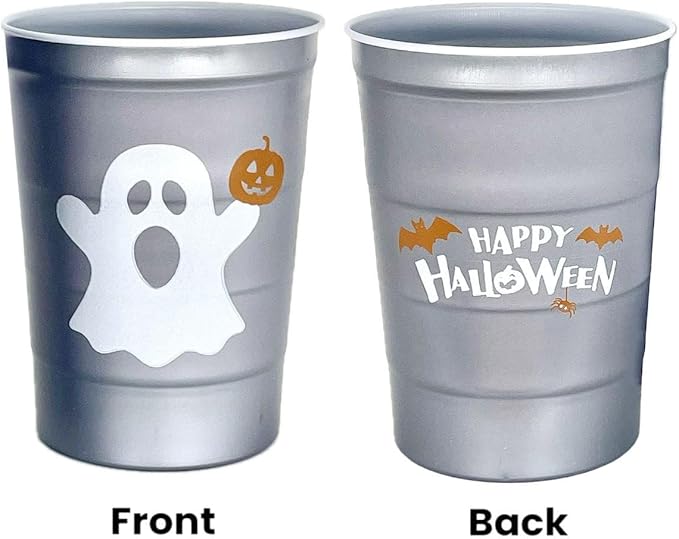 16 oz. Party Cups 'Happy Halloween' Ghost Design for Cold Drinks, Durable, Disposable, Recyclable