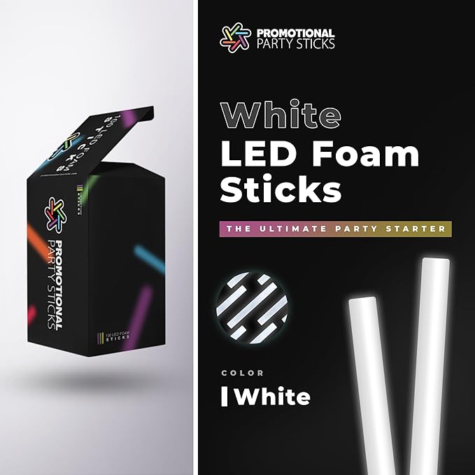 Foam Glow Sticks Bulk - 100 White Foam Light Up Sticks and LED Foam Sticks - 100 Reusable 16" Light