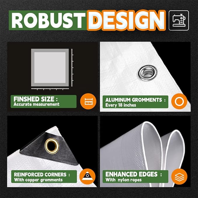 RAINDEWAY 12 Mil Heavy Duty White Tarp 20x20 Feet, UV Resistant, Waterproof, Weatherproof Poly Tarp
