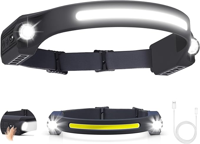 AlpsWolf LED Headlamp Rechargeable, 2 XPE LED and COB LED Head Lamp, Sensor Mode, 260° Wide Beam