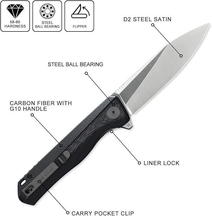 Petrified fish PF818,3.54" D2 Blade,104g G10 Handle Flipper Folding knife (Carbon fiber with G10