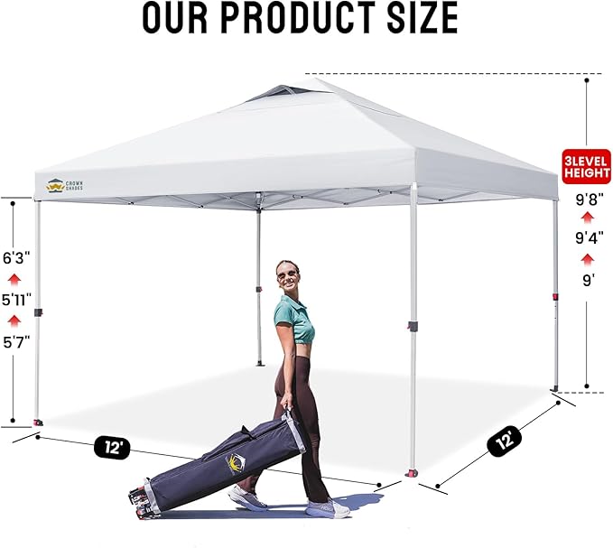 CROWN SHADES 12x12 Pop Up Canopy Outside Canopy, Patented One Push Tent Canopy with Wheeled Carry