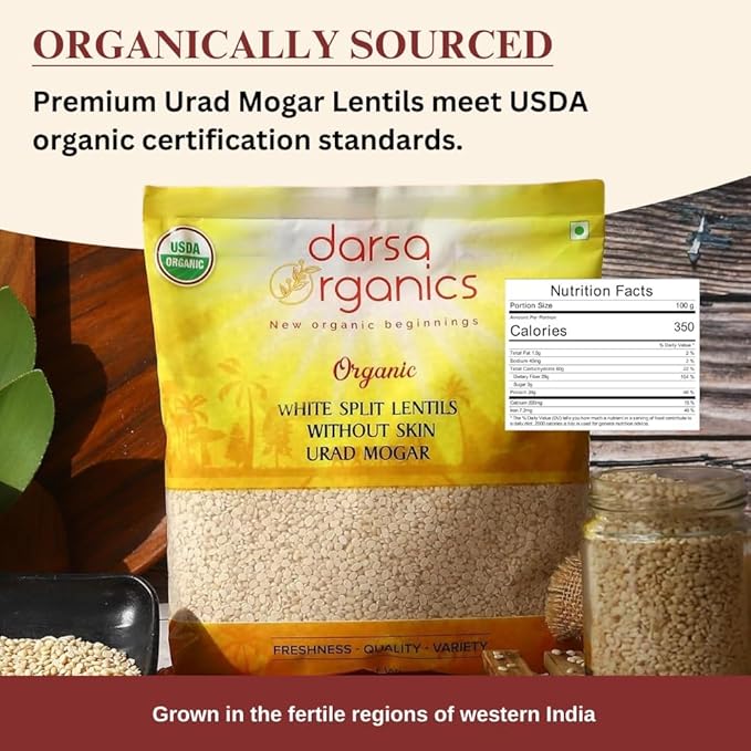 Darsa Organics Urad Dal Split Without Skin (Urad Mogar) 2lb ??USDA Organic White Matpe Split