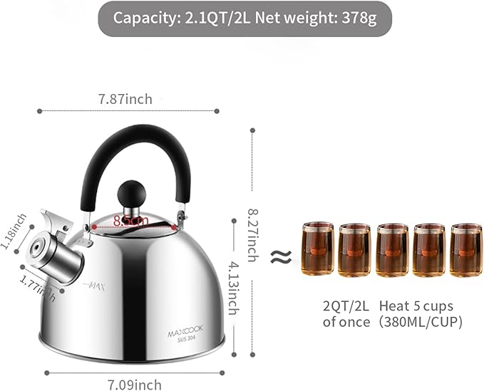 304 Stainless Steel Whistling Tea Kettle 2.1 Quart/2L, Suitable to Boiling Water & Tea on Induction