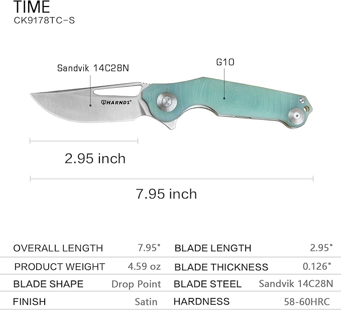 Harnds Time Folding Knife with Sandvik 14C28N Steel Blade Pocket Knife with G10 Handle Camping