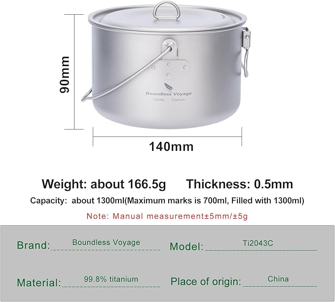 Boundless Voyage Titanium Hanging Pot for Outdoor Camping Backpacking Hiking Ultralight Portable