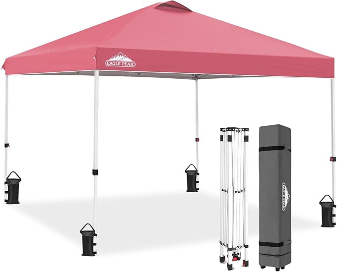 EAGLE PEAK Pop Up Canopy Tent with Wheeled Carry Bag, 8 Stakes, 4 Ropes, 4 Weight Bags, Easy Set Up