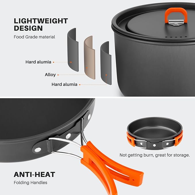 Odoland 18pcs Camping Cookware Large Size Hanging Pot Pan Kettle Set with Plastic Plates Bowls Soup