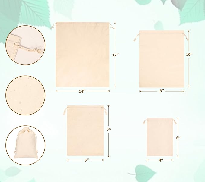 10PCS Cotton Storage Bags with Drawstrings, X-Large 14x17inch Multipurpose Canvas Fabric Bread