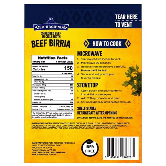 Old Hacienda Beef Birria | 100% Shredded Beef in Chili Broth | Fully Cooked & Ready to Eat | 15g