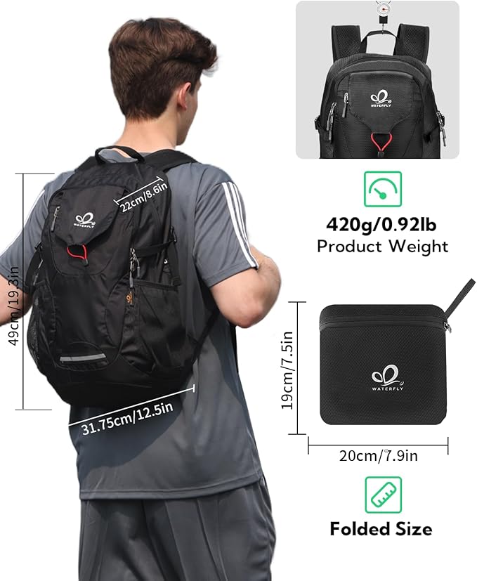 WATERFLY Lightweight Packable Hiking Backpack: 30L Foldable Travel Daypack Ultralight Camping Day