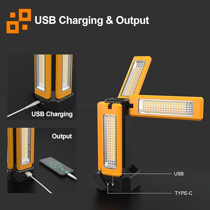 13200mAh Rechargeable Solar Work Light, IPX4 Waterproof with Folding Stand Support and Portable