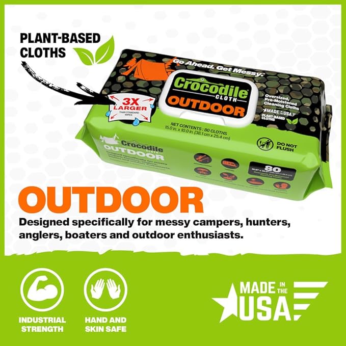 Crocodile Cloth Outdoor Cleaning Wipes ??8 Packs/640 Total Count Plant-Based Cloths (15"x10"), Skin