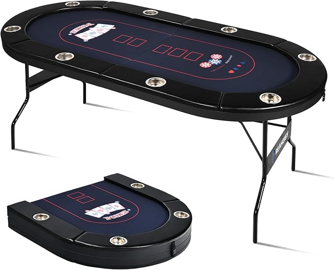 Poker Table Foldable, 8/10 Player Folding Poker Tables with Casino Grade Felt, Padded Rails & Cup