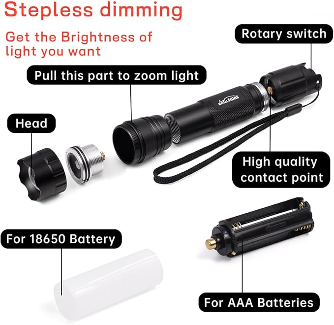 Stepless Dimming Red Light Flashlight, 620nm-630nm High Purity, Adjustable Brightness and Focus for