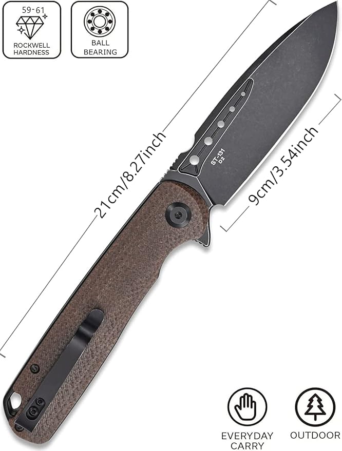Sitivien ST131 Folding Knife,D2 Blade Micarta Handle EDC Tool Knife with Liner Lock for Outdoor