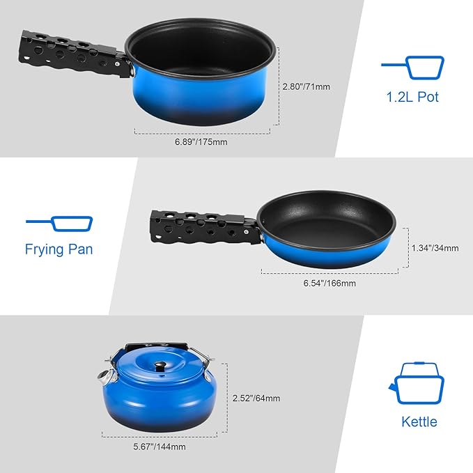 Odoland 5pcs Camping Cookware Non-Stick Camping Pot and Pan Set with Kettle and Removable Handle