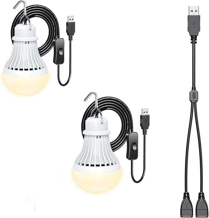 2 Pack USB LED Camping Lantern, 8.2 ft Extra Length Cord Tent Light with USB Y-Cable, Portable LED