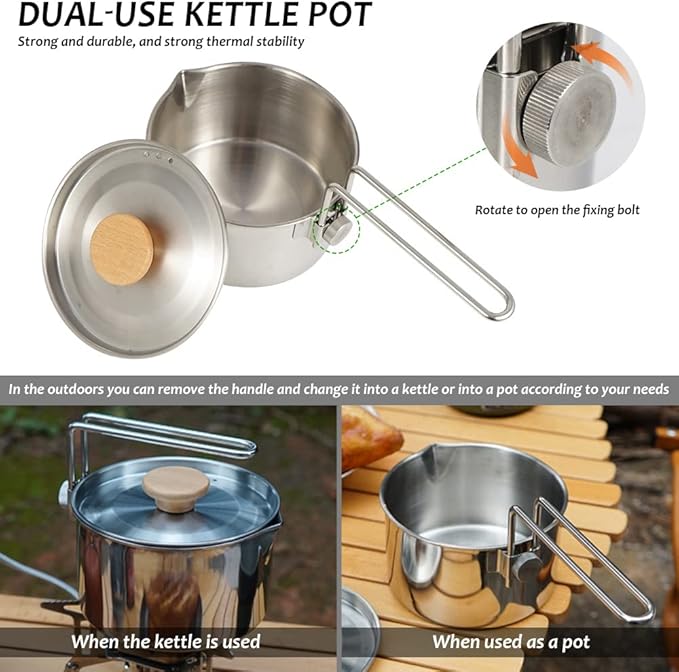 Stainless Steel Camping Pot with Lid and Removable Handle, Light Weight Outdoor Camping Kettle